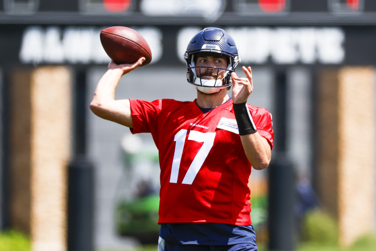 Seattle Seahawks quarterback Jacob Eason (17) participates in a drill during an OTA workout at the Virginia Mason Athletic Center.